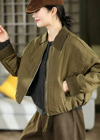 Casual Olive Green Turn-Down Collar Quilted Thin Cotton Filled Jacket Winter