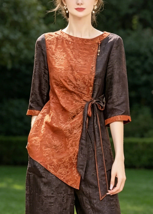 Casual Orange Asymmetrical Patchwork Jacquard Two Piece Suit Set Half Sleeve