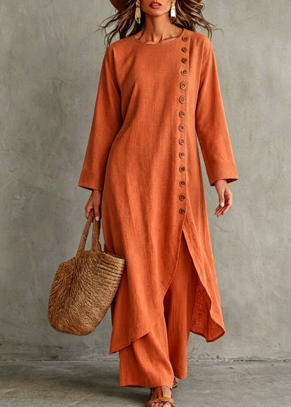 Casual Orange Asymmetrical Side Open Cotton Two Pieces Set Fall