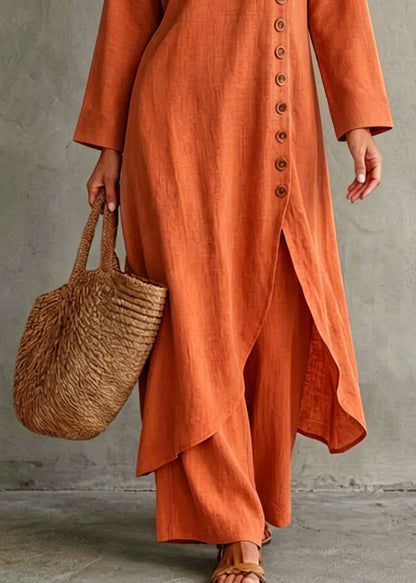 Casual Orange Asymmetrical Side Open Cotton Two Pieces Set Fall