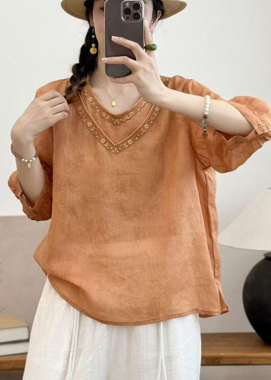 Casual Orange Embroidered Oversized Linen Shirt Summer
