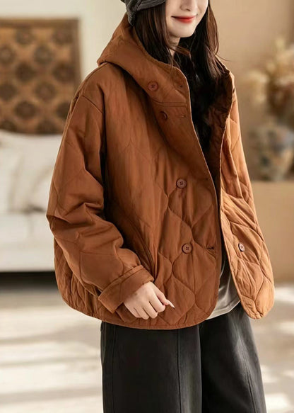 Casual Orange Hooded Diamond Quiled Cotton Filled Jacket Winter
