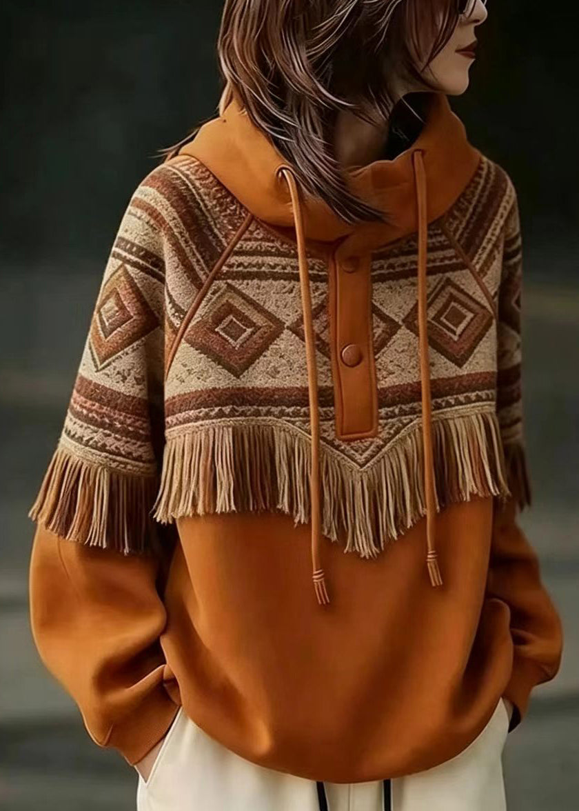 Casual Orange Hooded Drawstring Geometric Tassel Sweatshirts Top Fall
