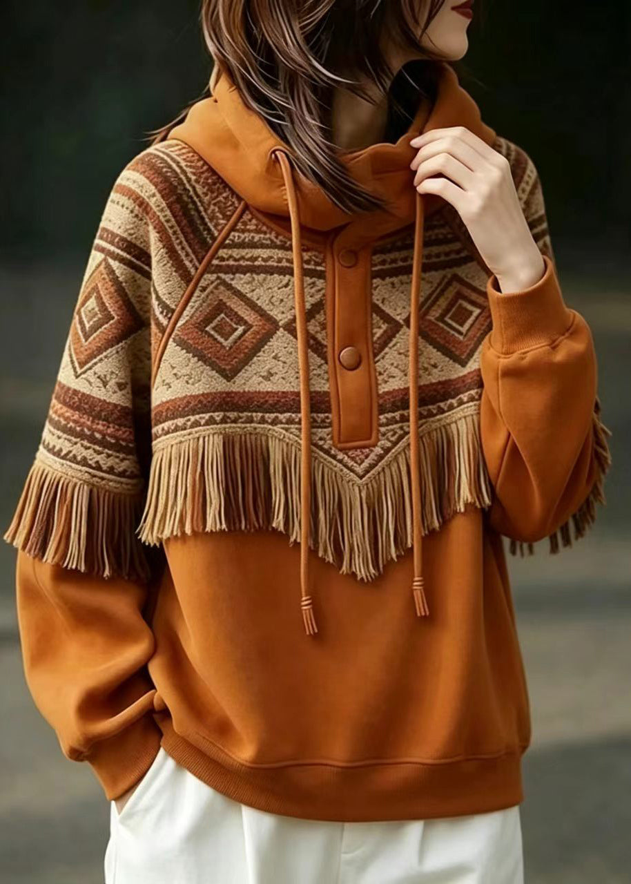 Casual Orange Hooded Drawstring Geometric Tassel Sweatshirts Top Fall