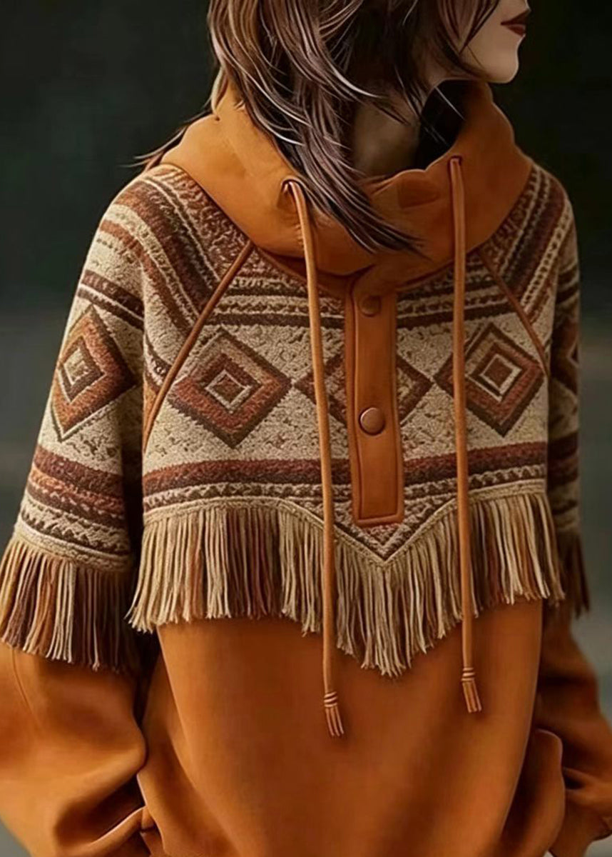 Casual Orange Hooded Drawstring Geometric Tassel Sweatshirts Top Fall
