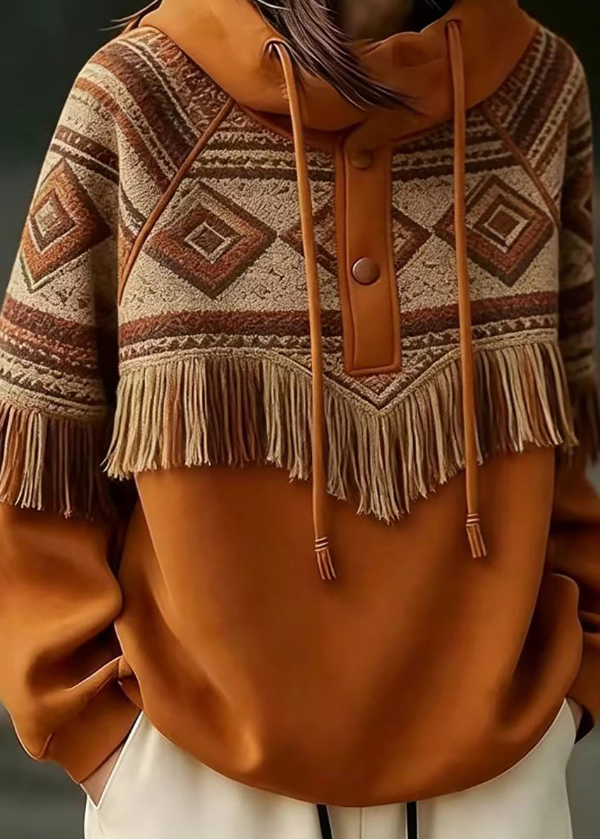 Casual Orange Hooded Drawstring Geometric Tassel Sweatshirts Top Fall
