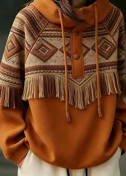 Casual Orange Hooded Drawstring Geometric Tassel Sweatshirts Top Fall