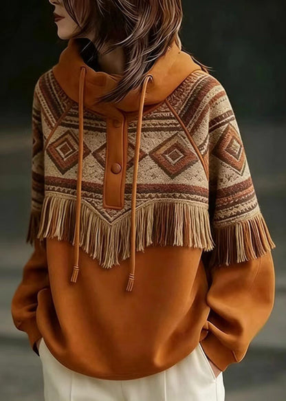 Casual Orange Hooded Drawstring Geometric Tassel Sweatshirts Top Fall