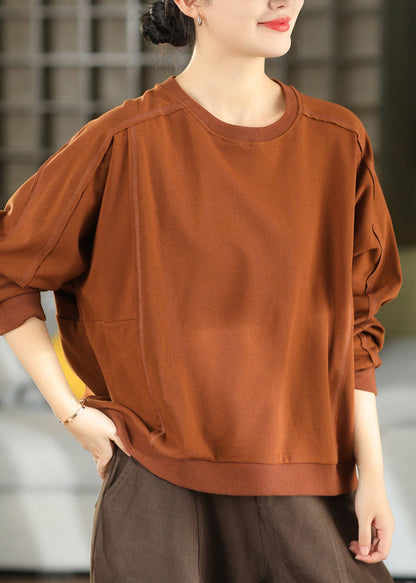 Casual Orange O Neck Patchwork Cotton Pullover Tops Fall