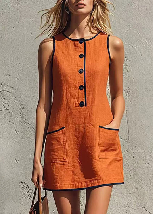 Casual Orange O-Neck Patchwork Pockets Mid Dress Summer