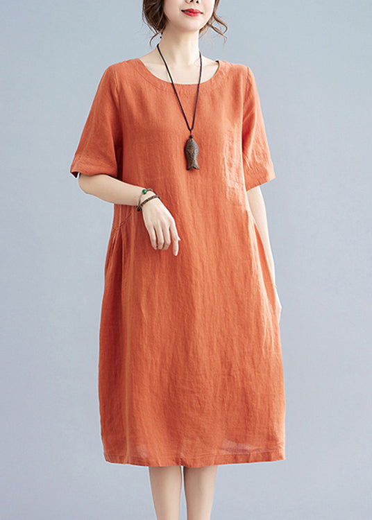Casual Orange O-Neck wrinkled Pockets Linen Dresses Short Sleeve