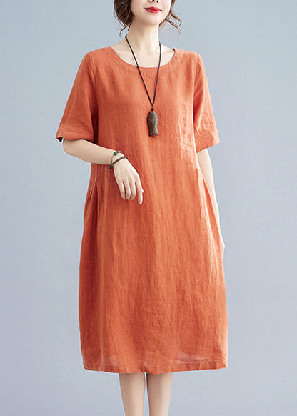 Casual Orange O-Neck wrinkled Pockets Linen Dresses Short Sleeve