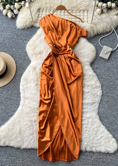 Casual Orange One Shoulder Floral Side Open Dinner Dresses Summer
