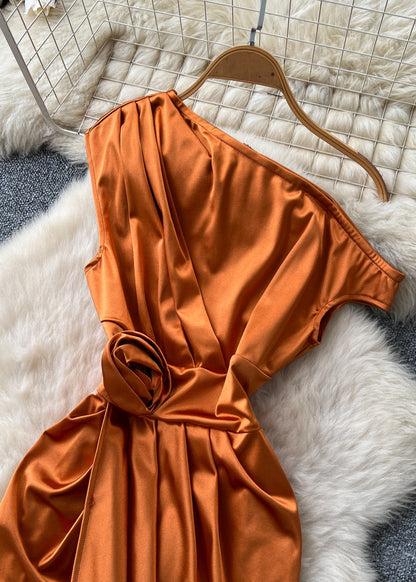 Casual Orange One Shoulder Floral Side Open Dinner Dresses Summer