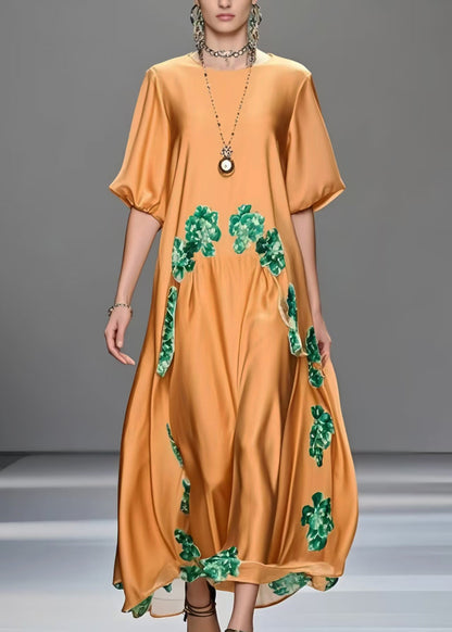 Casual Orange Oversized Print Silk Maxi Dresses Half Sleeve