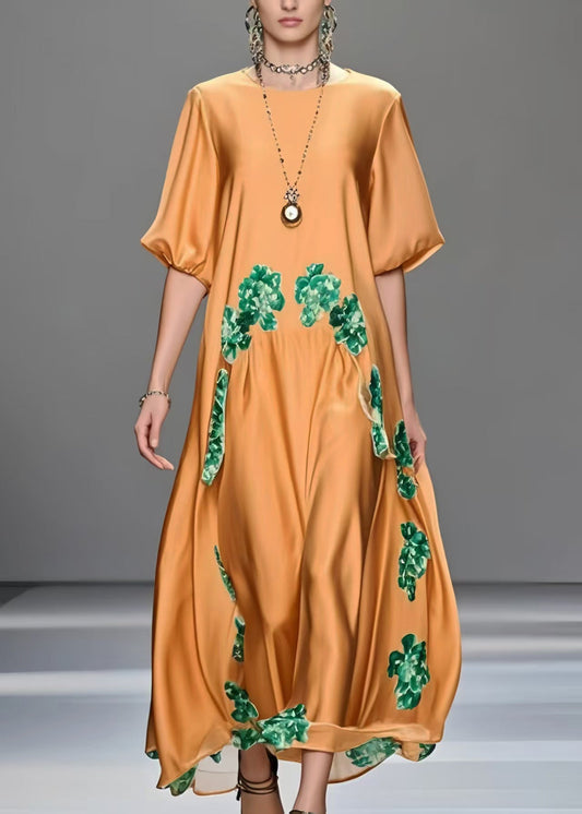Casual Orange Oversized Print Silk Maxi Dresses Half Sleeve