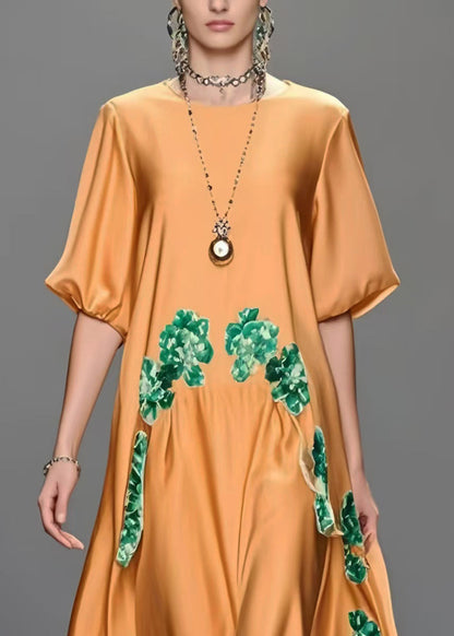 Casual Orange Oversized Print Silk Maxi Dresses Half Sleeve