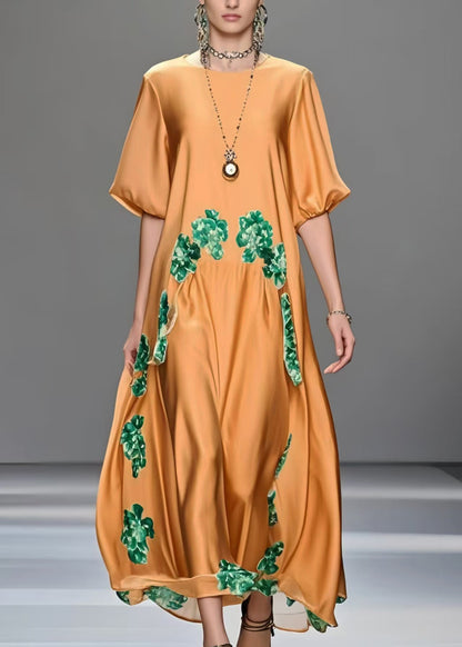 Casual Orange Oversized Print Silk Maxi Dresses Half Sleeve