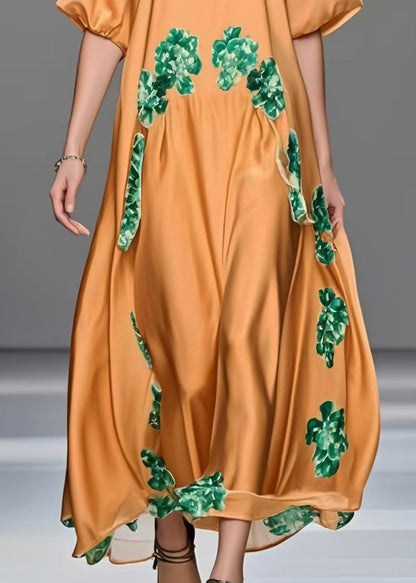 Casual Orange Oversized Print Silk Maxi Dresses Half Sleeve