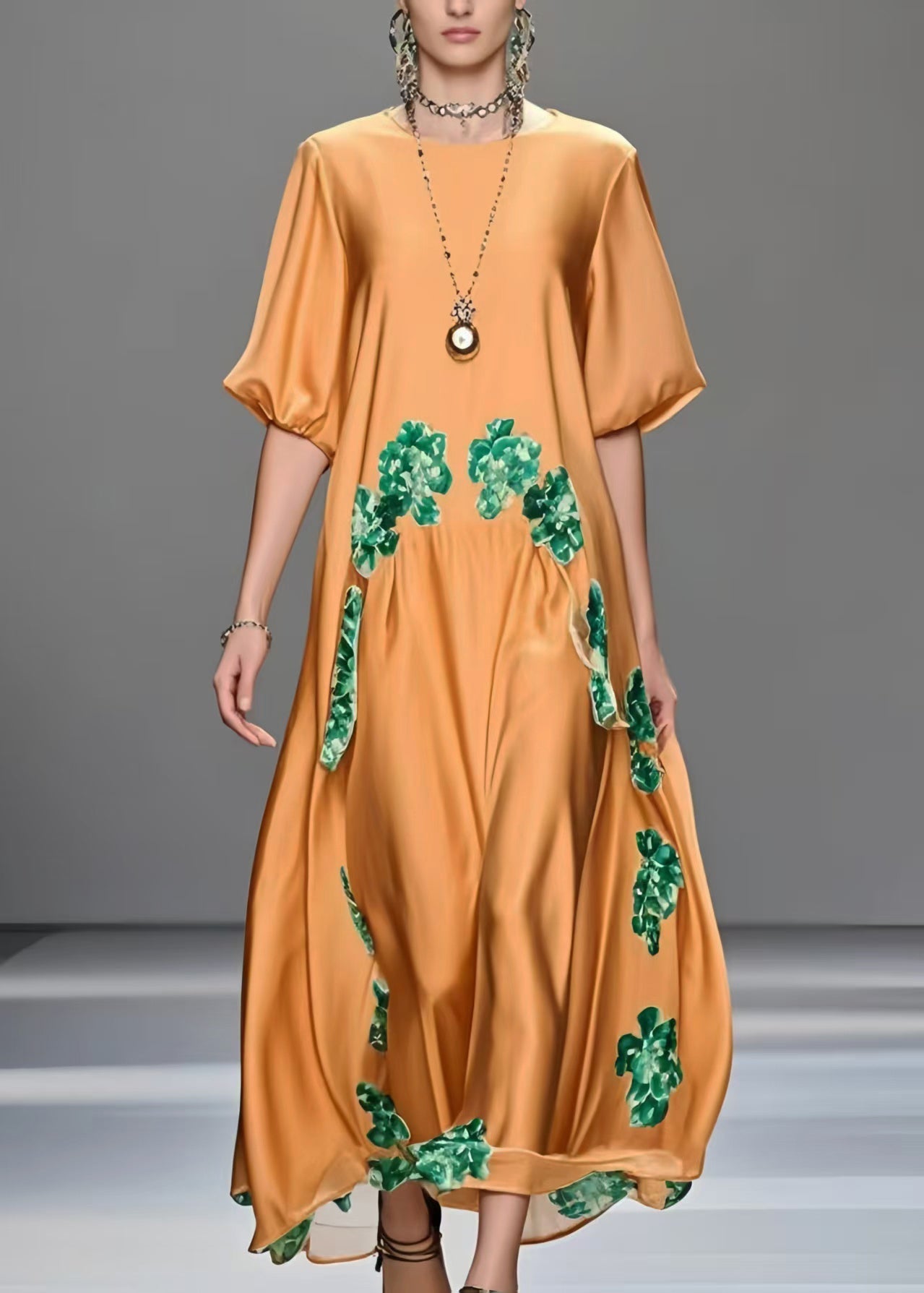 Casual Orange Oversized Print Silk Maxi Dresses Half Sleeve