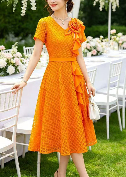 Casual Orange Ruffled Floral Lace Holiday Dress Summer