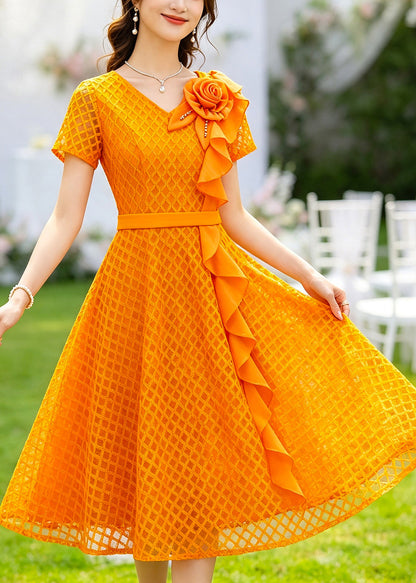 Casual Orange Ruffled Floral Lace Holiday Dress Summer