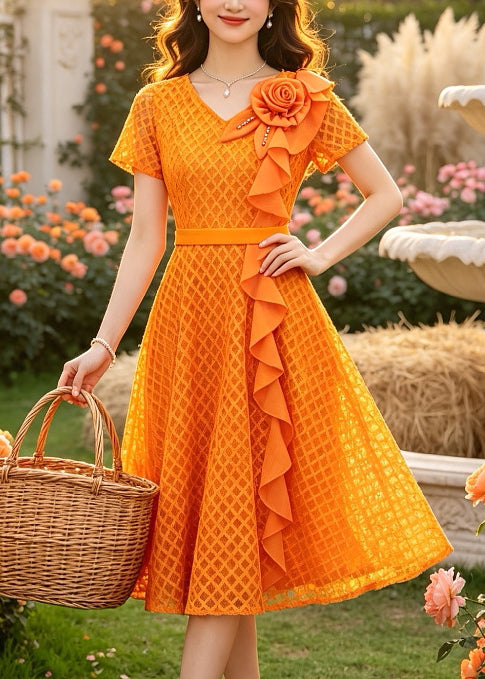 Casual Orange Ruffled Floral Lace Holiday Dress Summer