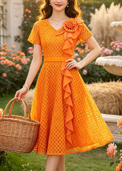 Casual Orange Ruffled Floral Lace Holiday Dress Summer