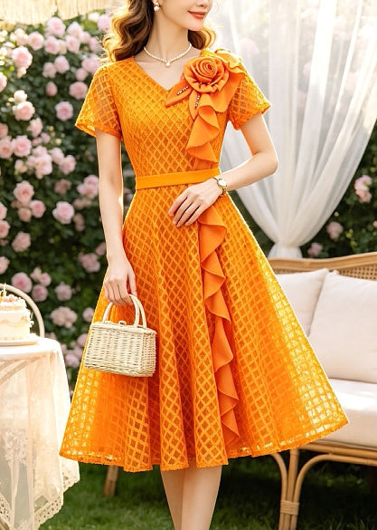 Casual Orange Ruffled Floral Lace Holiday Dress Summer