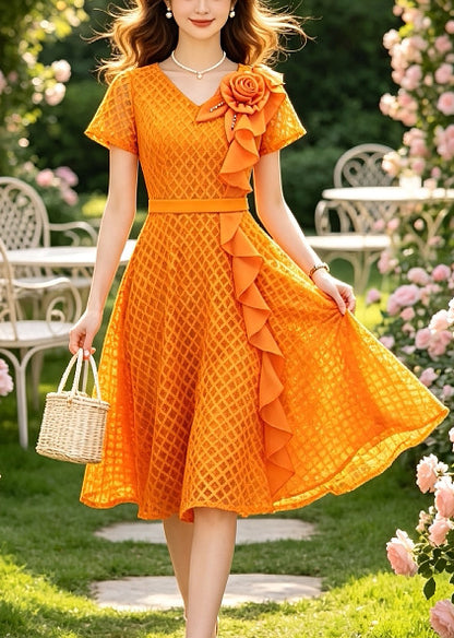 Casual Orange Ruffled Floral Lace Holiday Dress Summer