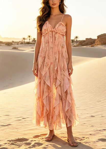 Casual Orange Ruffled Print Chiffon Halter Dress Summer