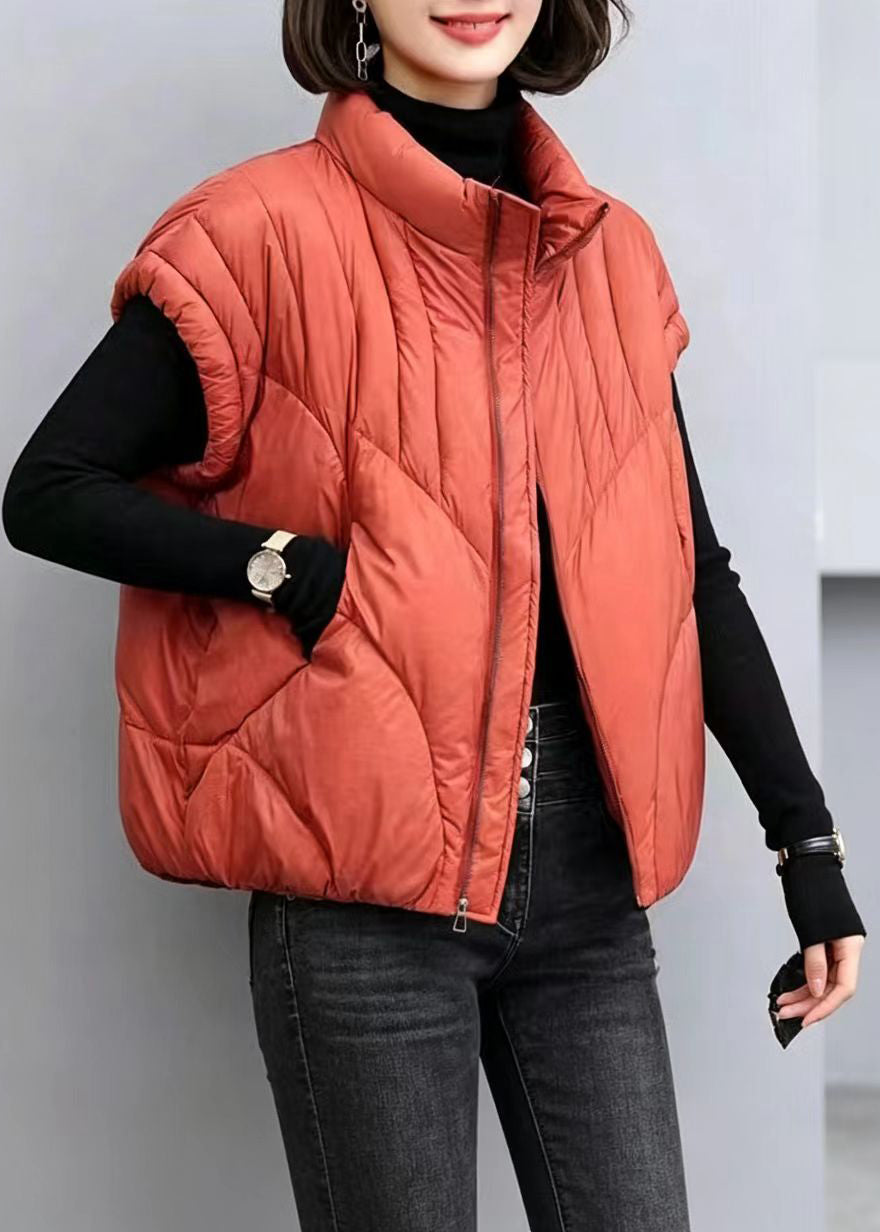 Casual Orange Stand Collar Pockets Cotton Filled Waistcoat Winter