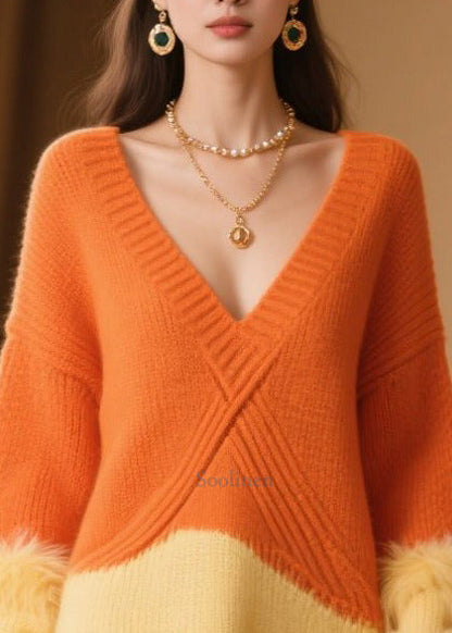 Casual Orange V Neck Patchwork Faux Fur Knitwear Dress Winter
