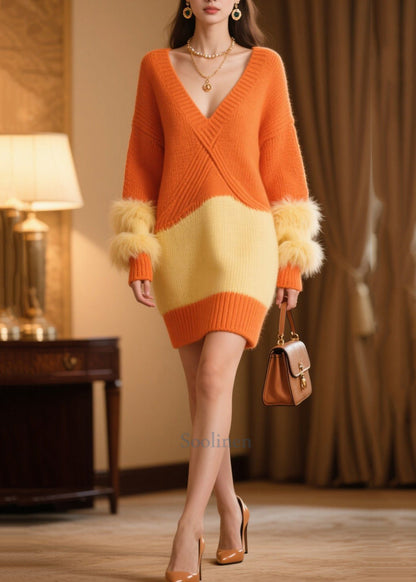 Casual Orange V Neck Patchwork Faux Fur Knitwear Dress Winter