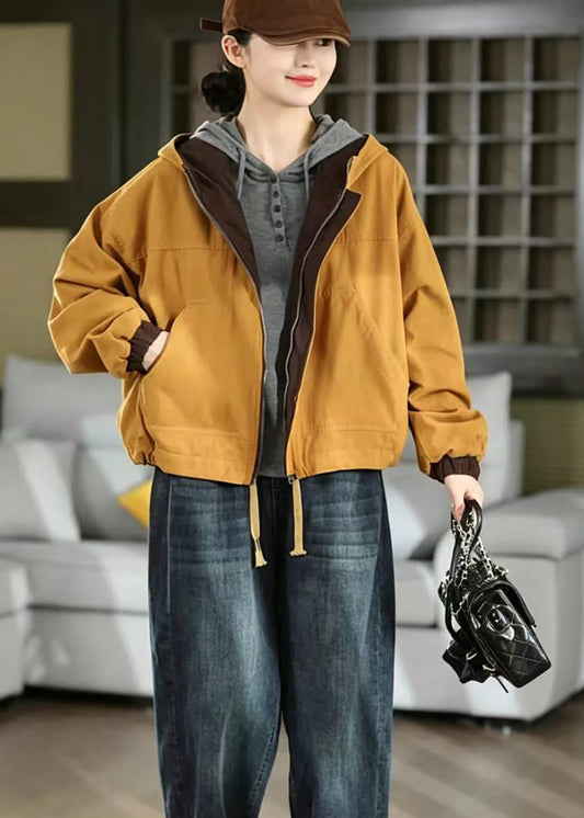 Casual Orange Yellow Reversible Hooded Pockets Patchwork Corduroy Jacket Fall