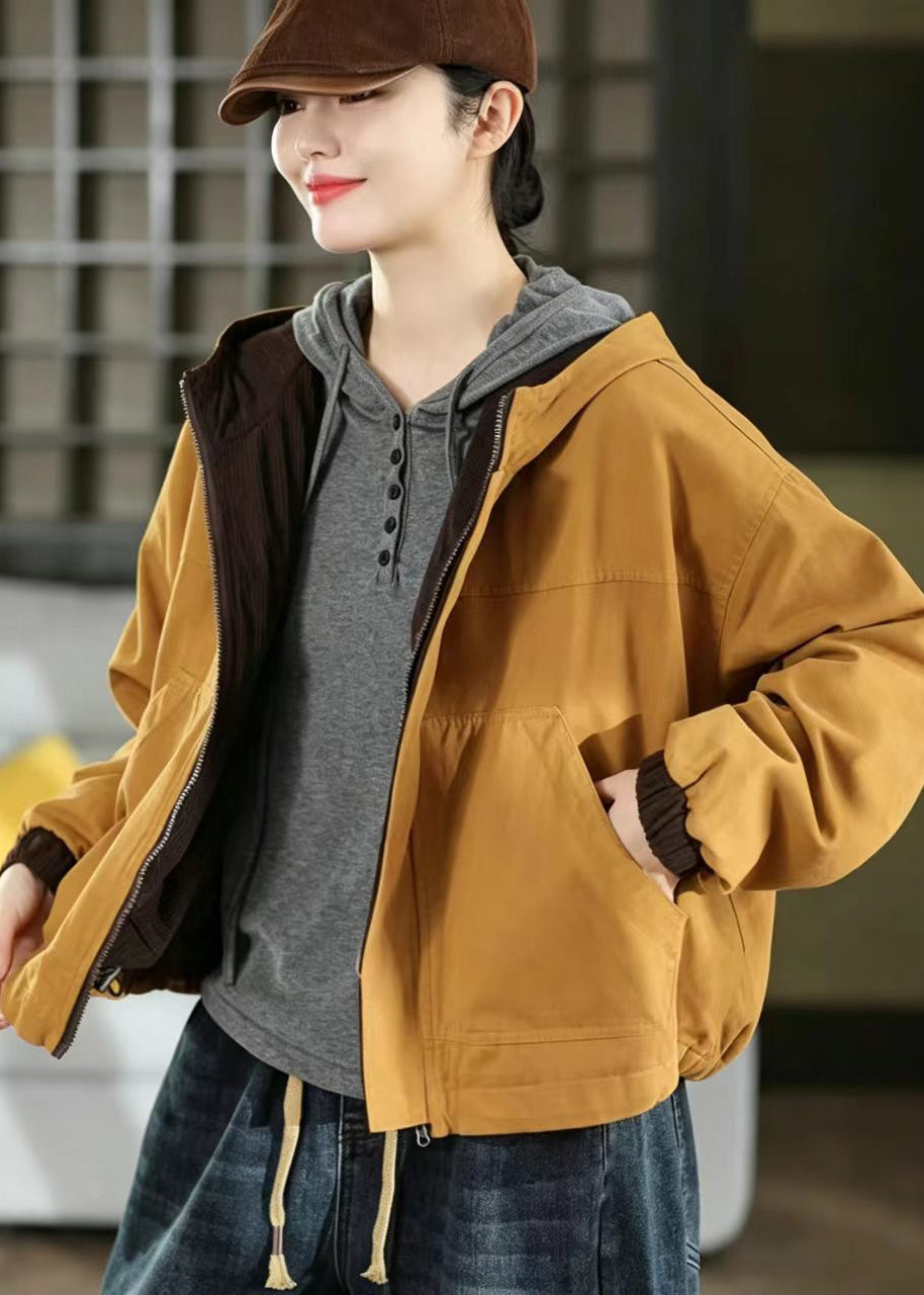 Casual Orange Yellow Reversible Hooded Pockets Patchwork Corduroy Jacket Fall