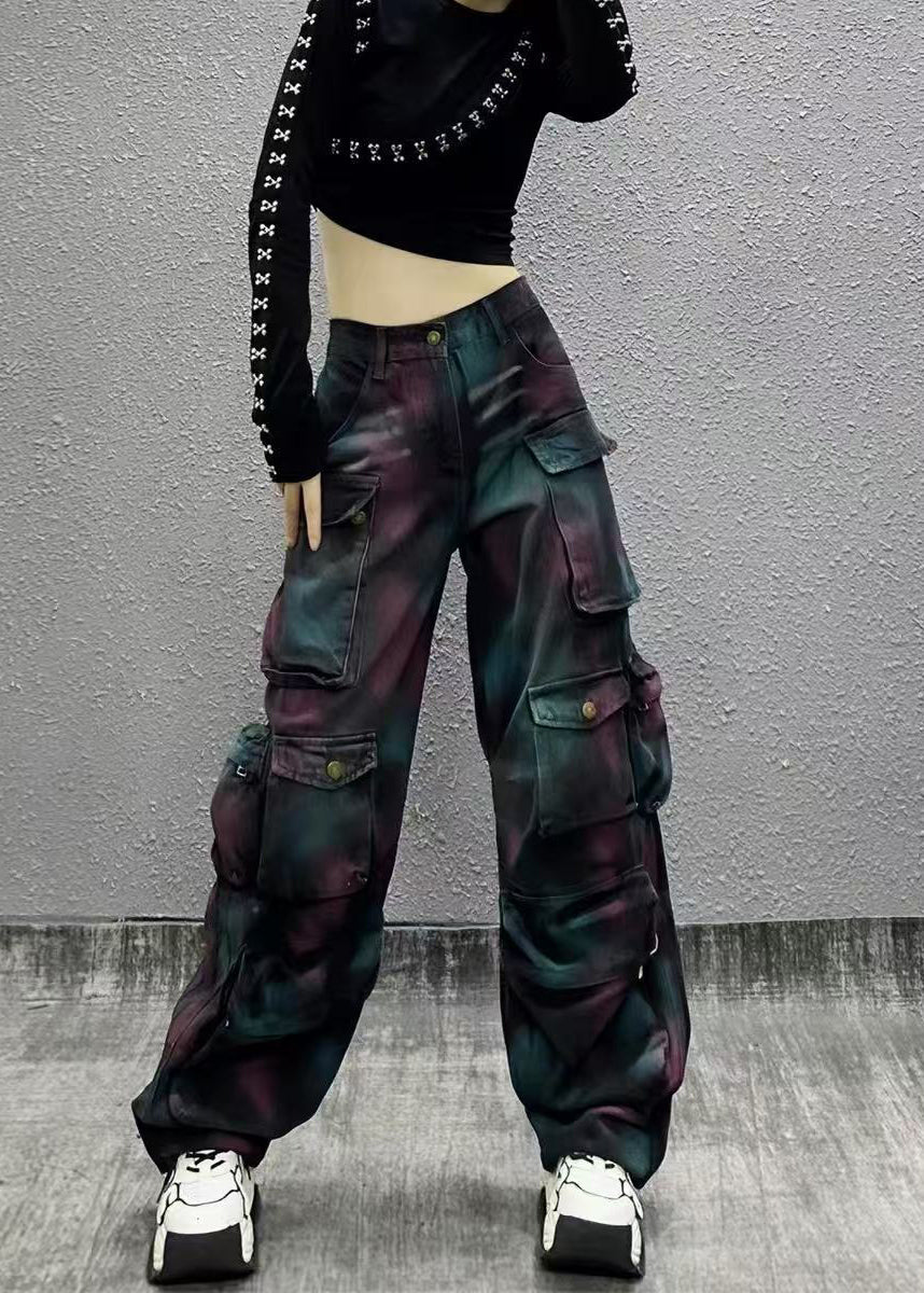 Casual Painted High Waist Multi Pockets Denim Cargo Pants Fall