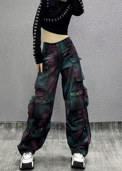 Casual Painted High Waist Multi Pockets Denim Cargo Pants Fall