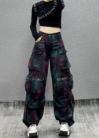 Casual Painted High Waist Multi Pockets Denim Cargo Pants Fall