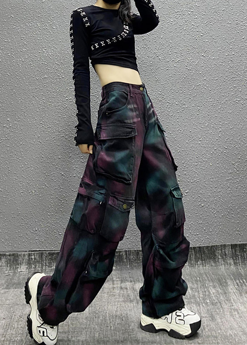 Casual Painted High Waist Multi Pockets Denim Cargo Pants Fall