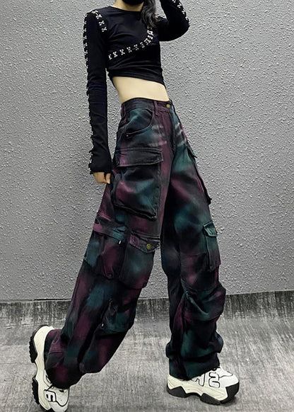 Casual Painted High Waist Multi Pockets Denim Cargo Pants Fall