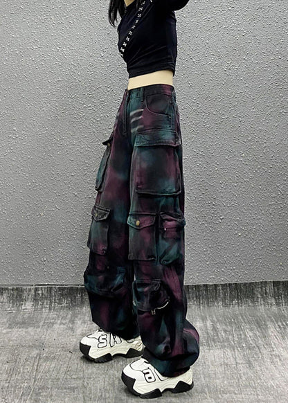 Casual Painted High Waist Multi Pockets Denim Cargo Pants Fall