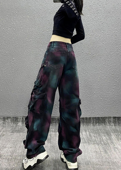 Casual Painted High Waist Multi Pockets Denim Cargo Pants Fall