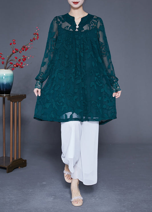 Casual Peacock Green Jacquard Hollow Out Tulle Dress Long Sleeve