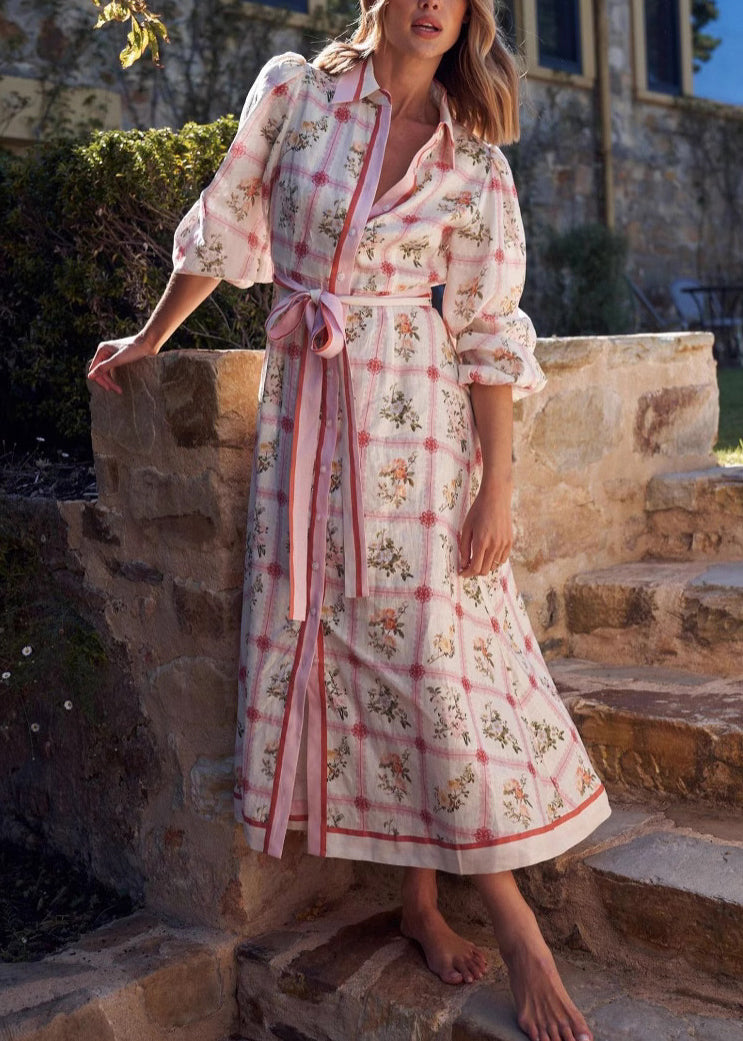 Casual Peter Pan Collar Print Lace Up Cotton Maxi Dresses Summer