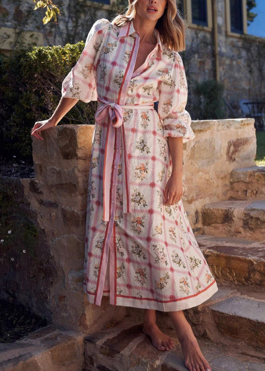 Casual Peter Pan Collar Print Lace Up Cotton Maxi Dresses Summer