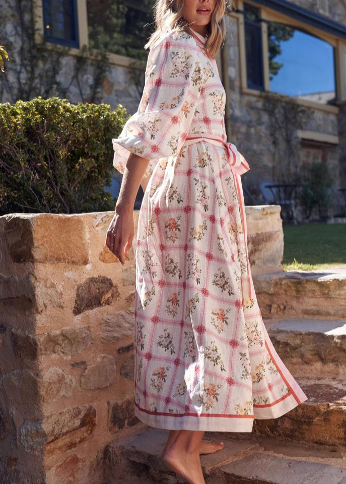 Casual Peter Pan Collar Print Lace Up Cotton Maxi Dresses Summer