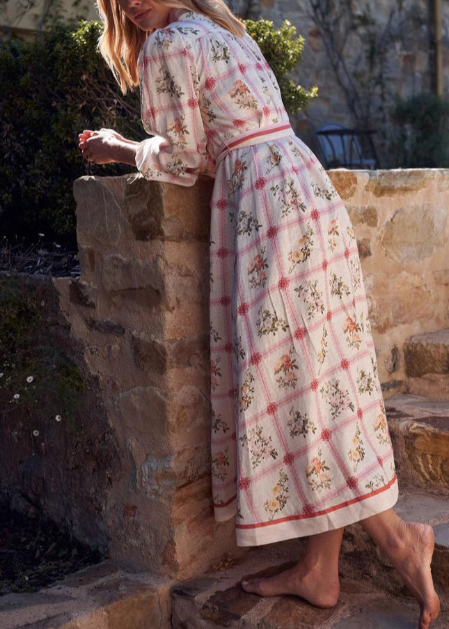 Casual Peter Pan Collar Print Lace Up Cotton Maxi Dresses Summer