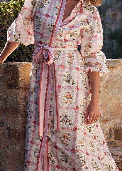 Casual Peter Pan Collar Print Lace Up Cotton Maxi Dresses Summer