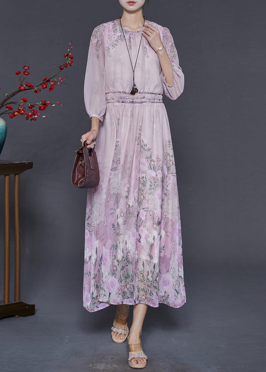 Casual Pink Elastic Waist Print Chiffon Dresses Bracelet Sleeve